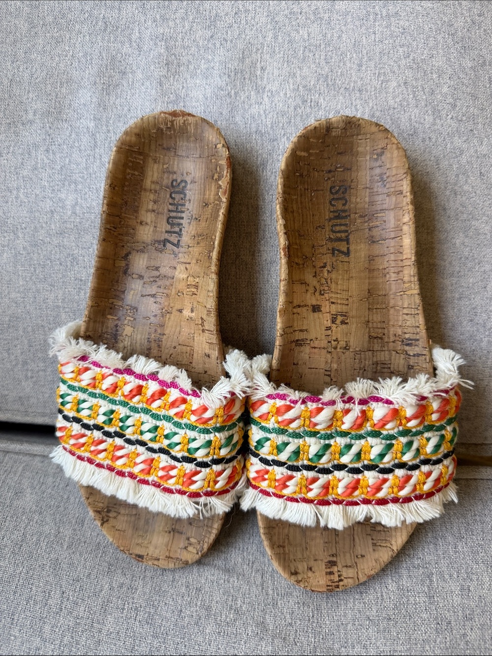 SCHUTZ Multicolor Braided Fringe Cork Slide Sandals